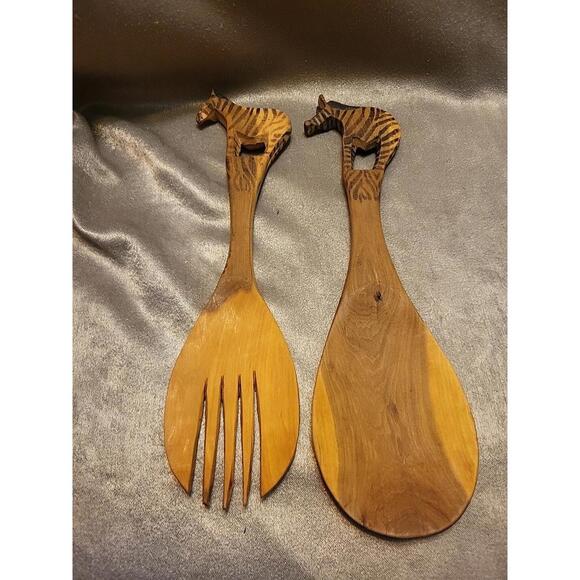 Wooden African Zebra  Spoon And Fork Salad Set - Picture 2 of 10
